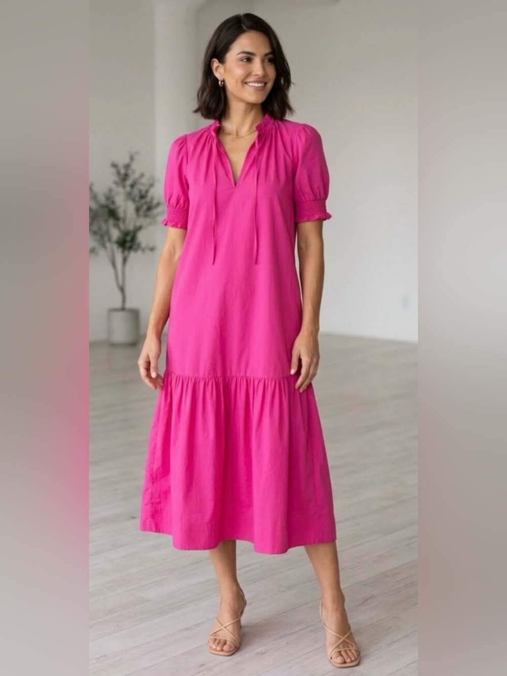 Fuchsia Tiered Midi Dress with Tie Neck